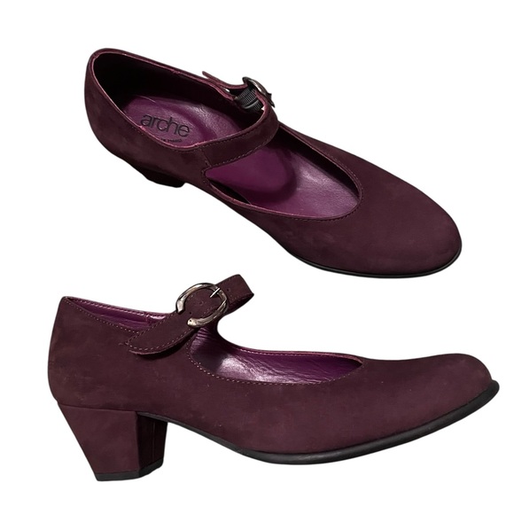 Arche Murlay Burgundy Suede Leather Mary Jane Heels Size  39.5/8.5 Comfort Fall - Picture 1 of 13